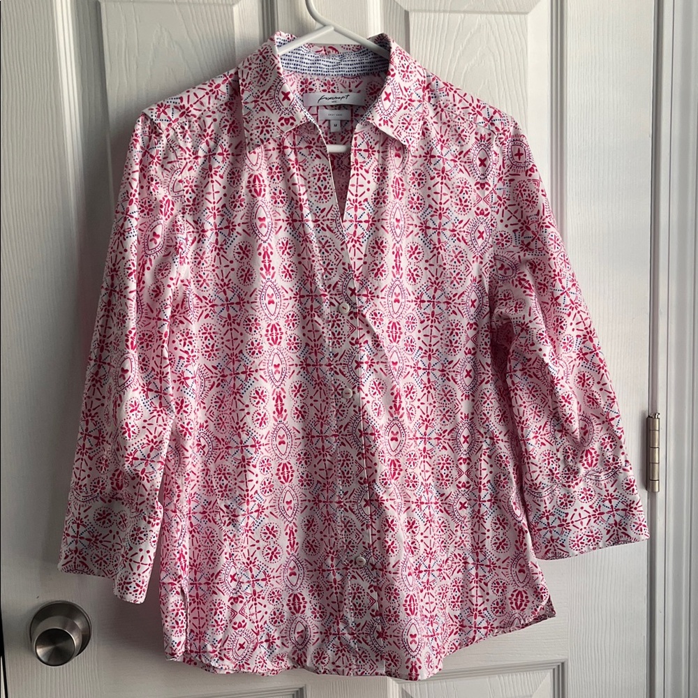 Foxcroft Pink and Blue Floral-Print Button Front Shirt 3/4 Sleeves Size Medium